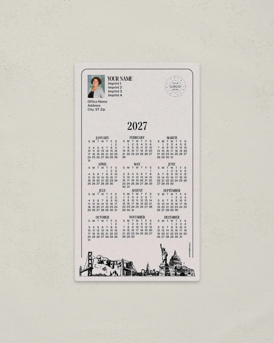 This is a 4" x 7" Full Magnet Calendar called USA Skylines printed in full color with a Standard Gloss finish
