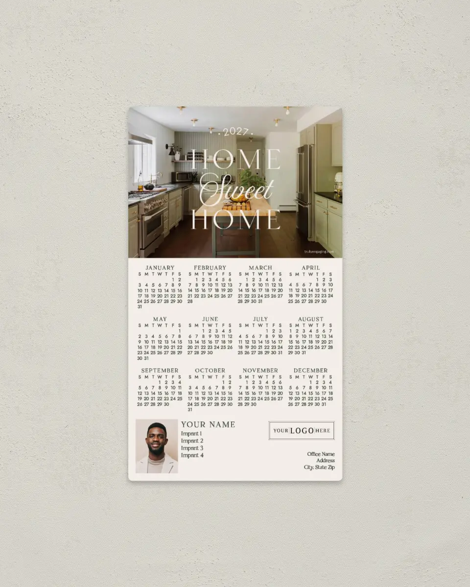 This is a 4" x 7" Full Magnet Calendar called Sweetly Home printed in full color with Gold foil and a Soft Touch finish