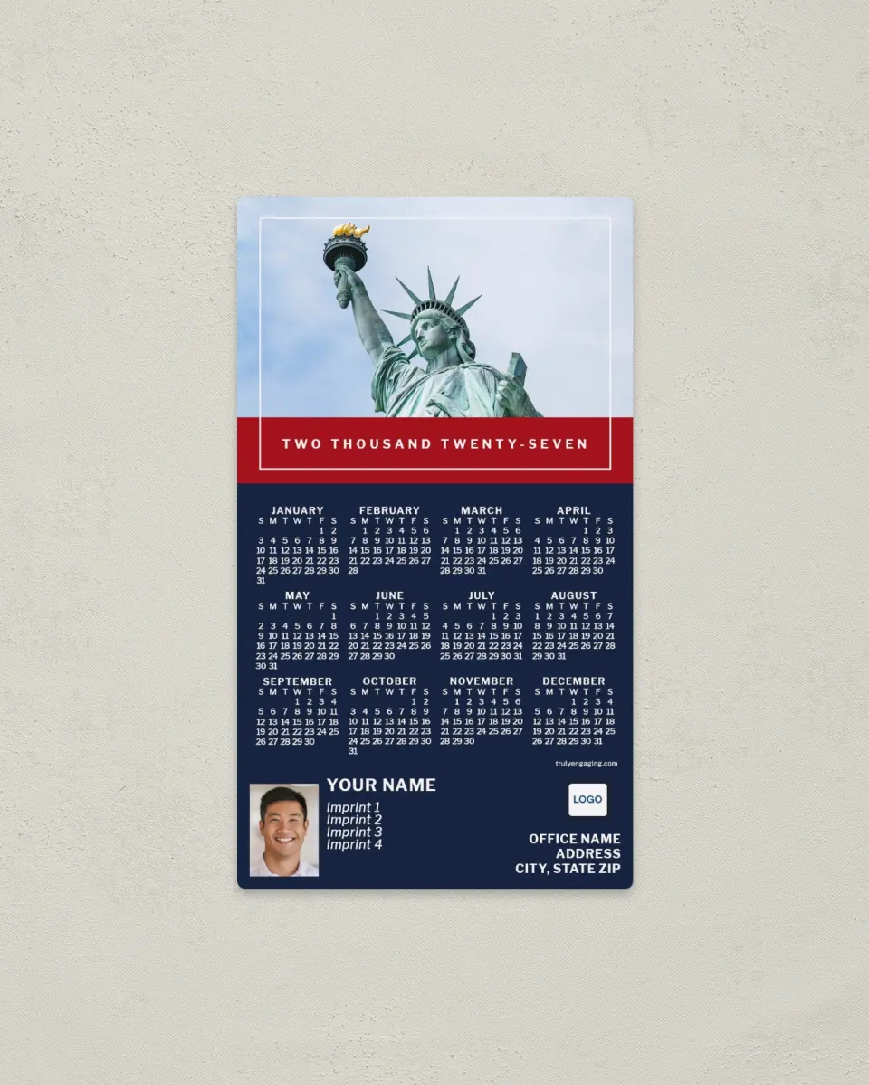 This is a 4" x 7" Full Magnet Calendar called Lady Liberty printed in full color with a Standard Gloss finish