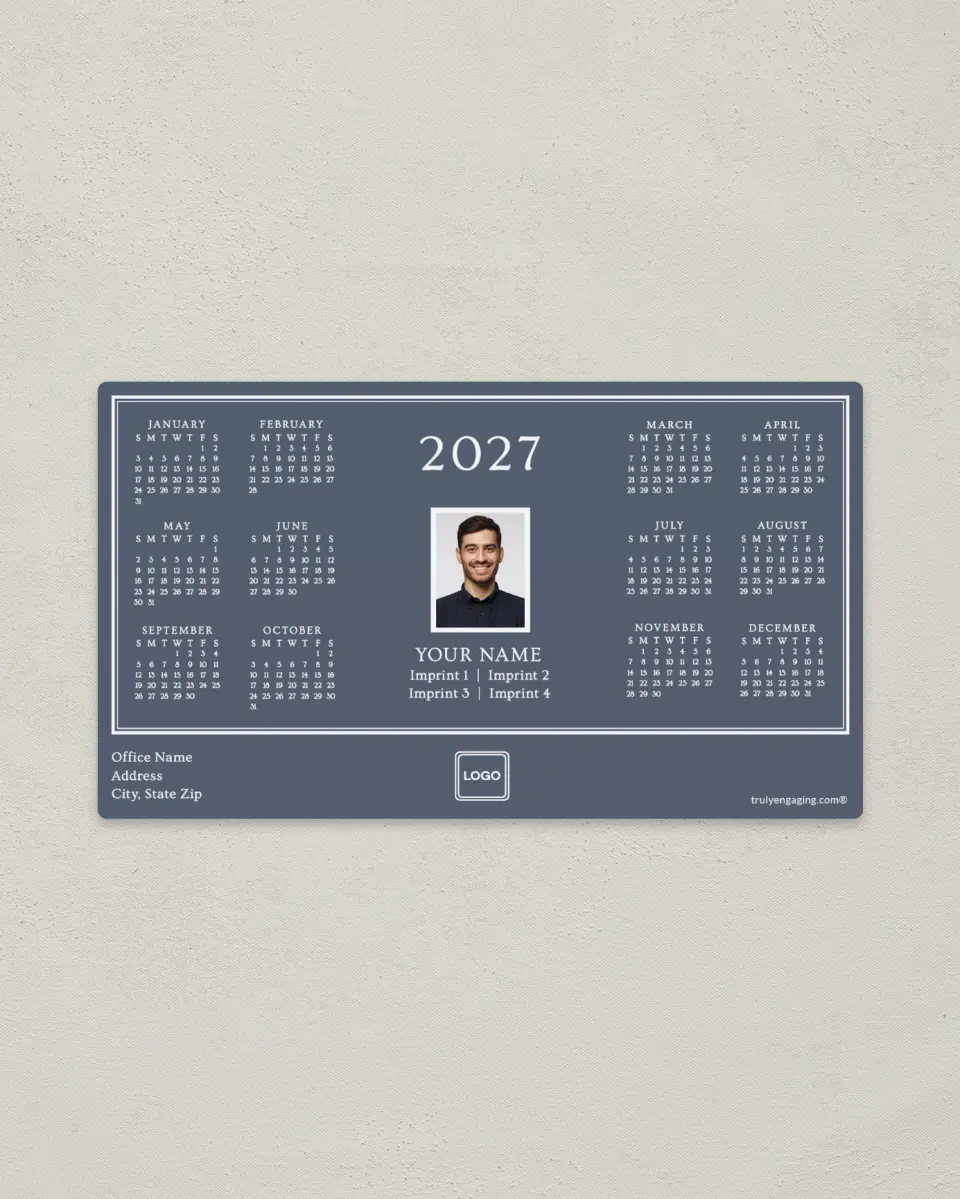 This is a 4" x 7" Full Magnet Calendar called Crisp Lines printed in full color with Gold foil and a Soft Touch finish