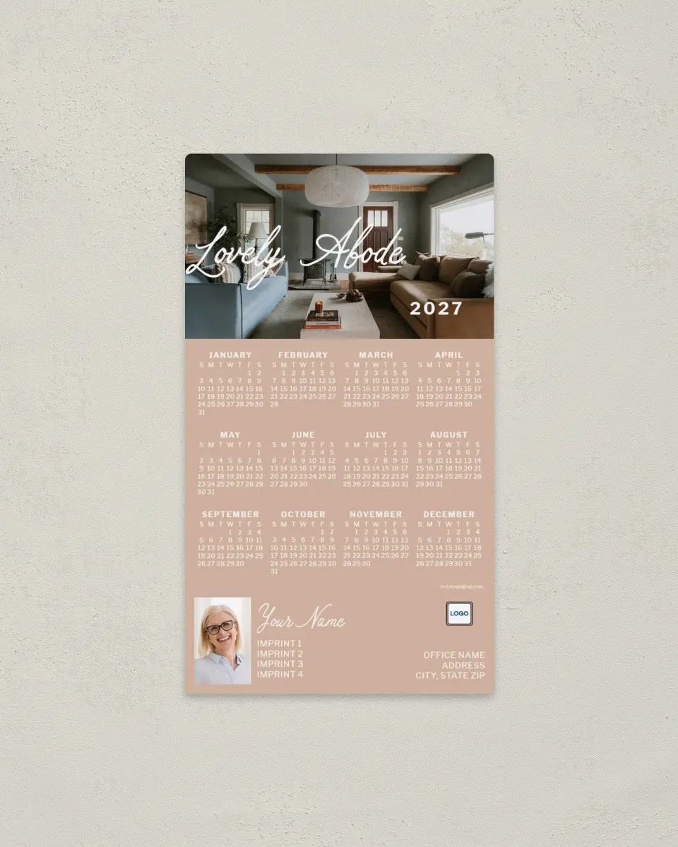 This is a 4" x 7" Full Magnet Calendar called Lovely Abode printed in full color with Gold foil and a Soft Touch finish