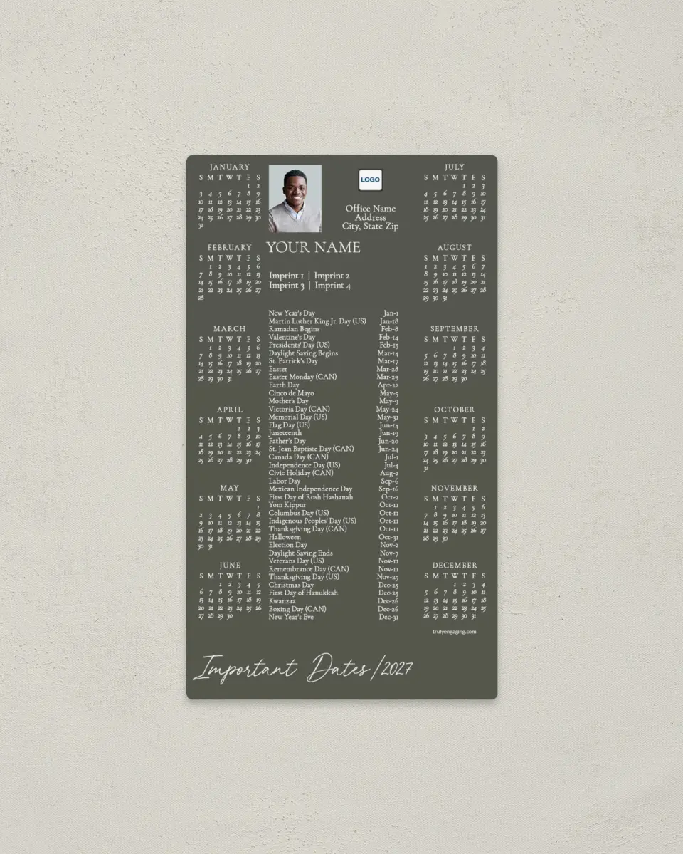 This is a 4" x 7" Full Magnet Calendar called All The Info printed in full color with Gold foil and a Soft Touch finish