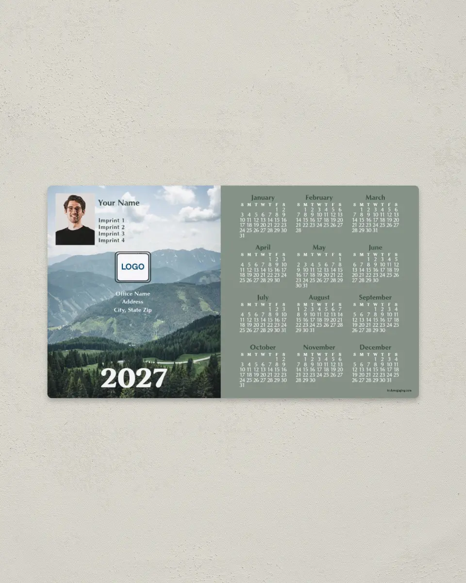 This is a 4" x 7" Full Magnet Calendar called Mountains of Pine printed in full color with Gold foil and a Soft Touch finish