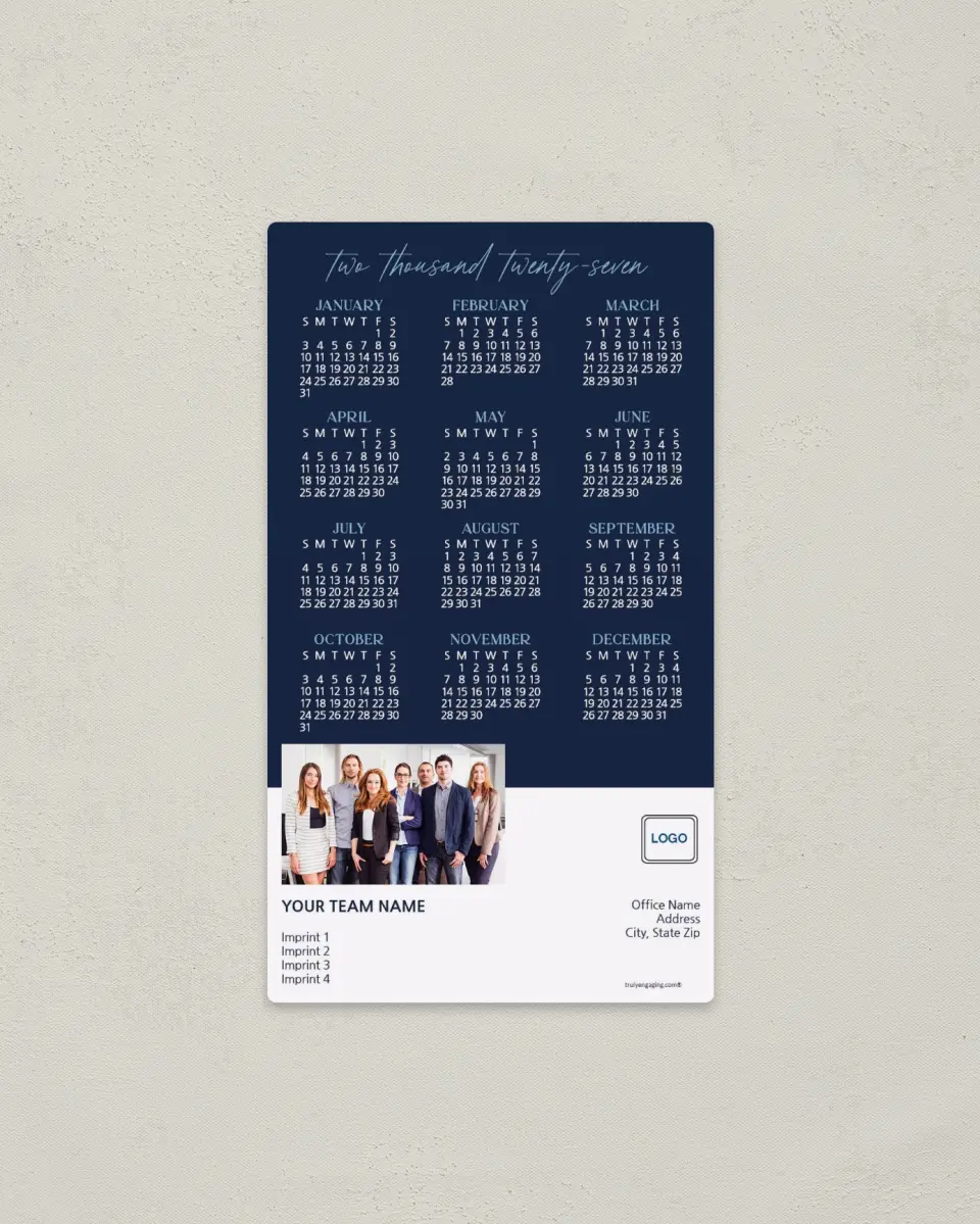 This is a 4" x 7" Full Magnet Calendar called Professional Team printed in full color with Gold foil and a Soft Touch finish