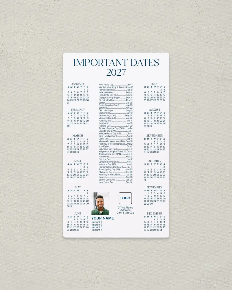 This is a 4" x 7" Full Magnet Calendar called Calendar Corner printed in full color with Gold foil and a Soft Touch finish