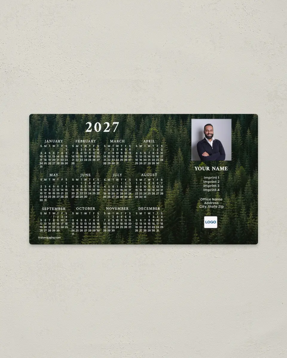 This is a 4" x 7" Full Magnet Calendar called Forest Trail printed in full color with Gold foil and a Soft Touch finish