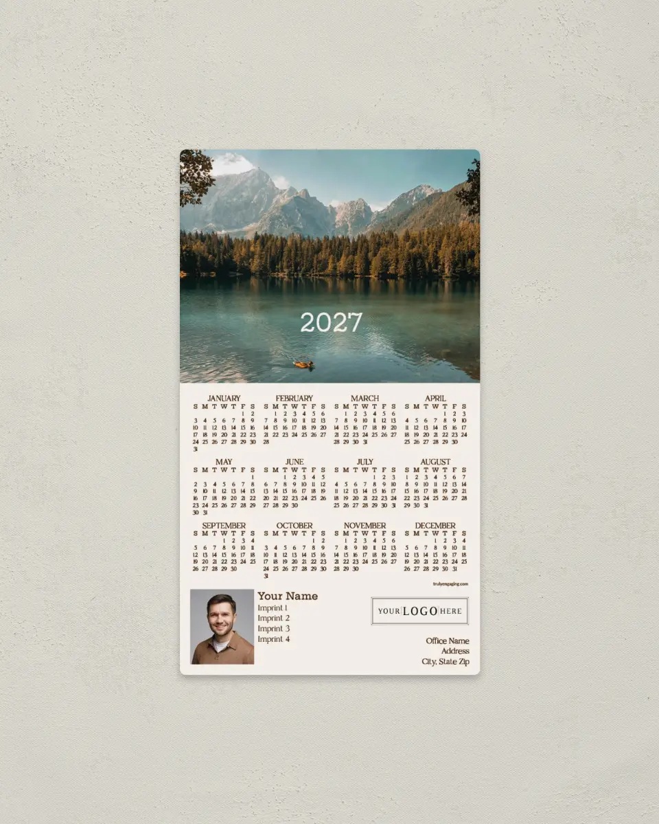 This is a 4" x 7" Full Magnet Calendar called Majestic Lake printed in full color with Gold foil and a Soft Touch finish