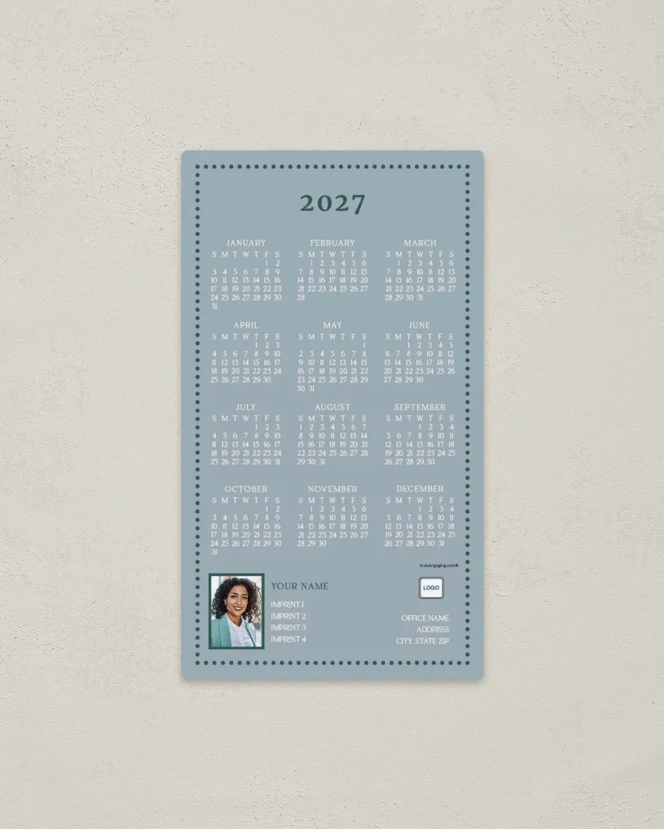 This is a 4" x 7" Full Magnet Calendar called Dotted I's printed in full color with Gold foil and a Soft Touch finish