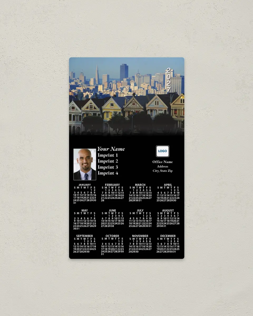This is a 4" x 7" Full Magnet Calendar called San Francisco, Black printed in full color with a Standard Gloss finish