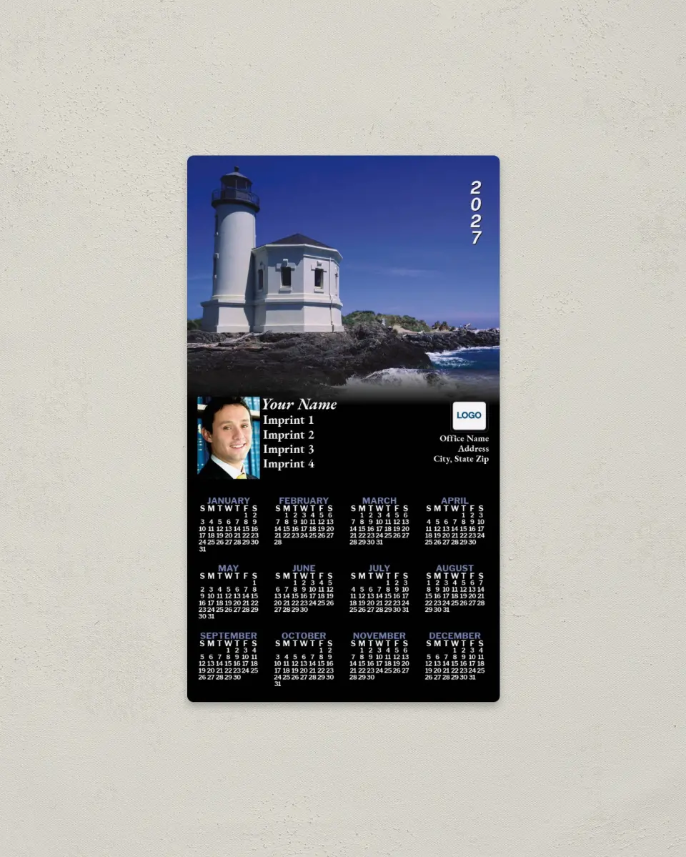 This is a 4" x 7" Full Magnet Calendar called Lighthouse Fading to Black printed in full color with a Standard Gloss finish
