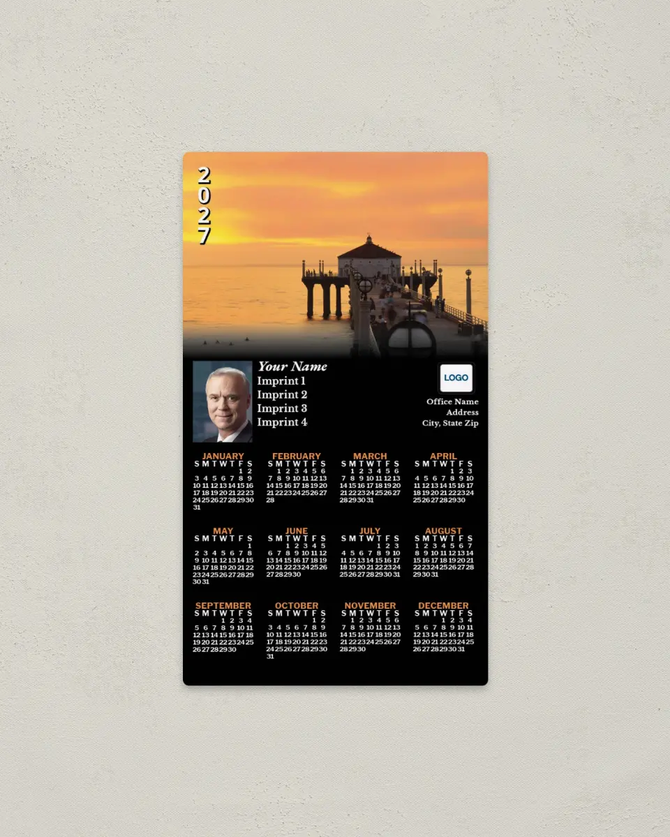 This is a 4" x 7" Full Magnet Calendar called Pier at Sunset printed in full color with a Standard Gloss finish