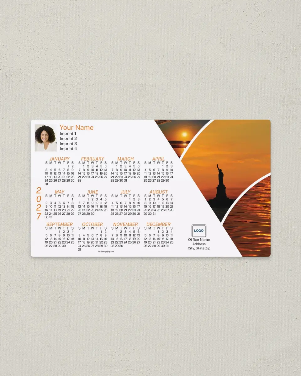 This is a 4" x 7" Full Magnet Calendar called Statue of Liberty and Water at Sunset, White printed in full color with a Standard Gloss finish