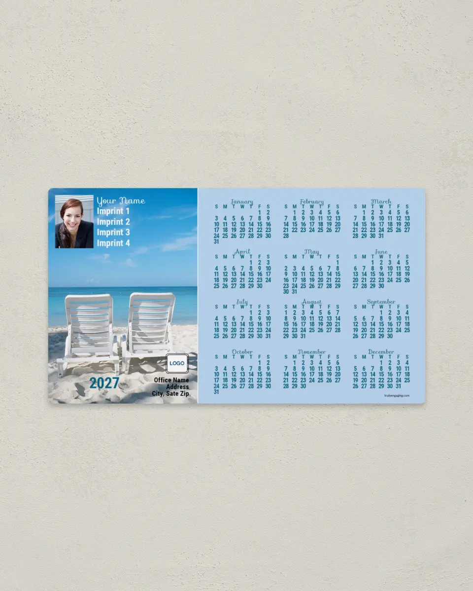 This is a 4" x 7" Full Magnet Calendar called Plastic Beach Chairs printed in full color with a Standard Gloss finish