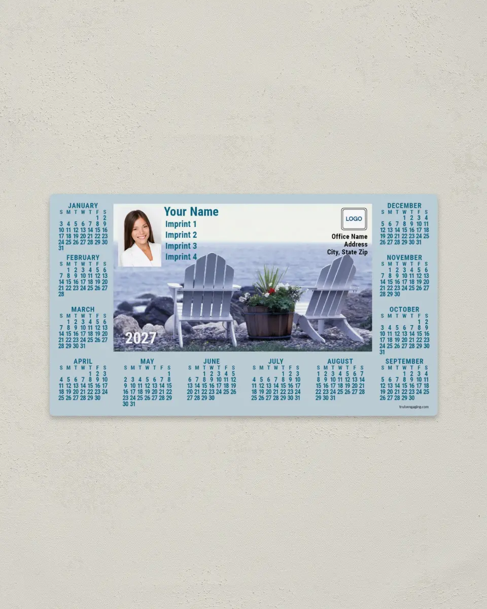This is a 4" x 7" Full Magnet Calendar called Adirondack Chairs printed in full color with a Standard Gloss finish