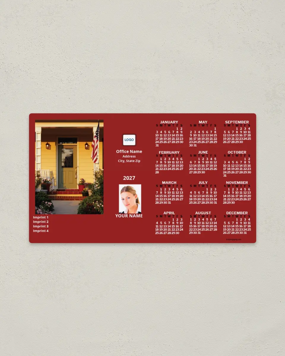 This is a 4" x 7" Full Magnet Calendar called Front Door with Flag, Dark Red printed in full color with a Standard Gloss finish