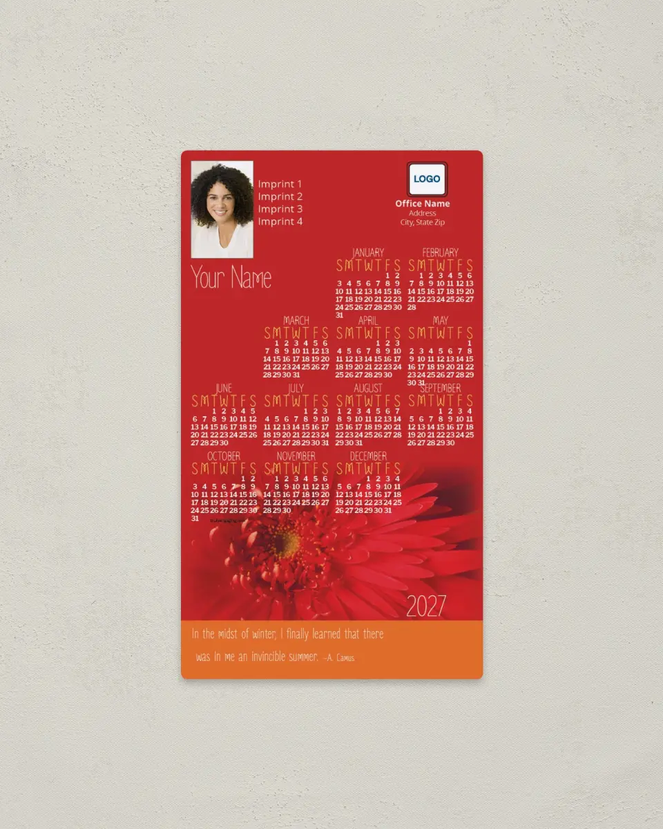 This is a 4" x 7" Full Magnet Calendar called Flower with Quotation, Red & Orange printed in full color with a Standard Gloss finish