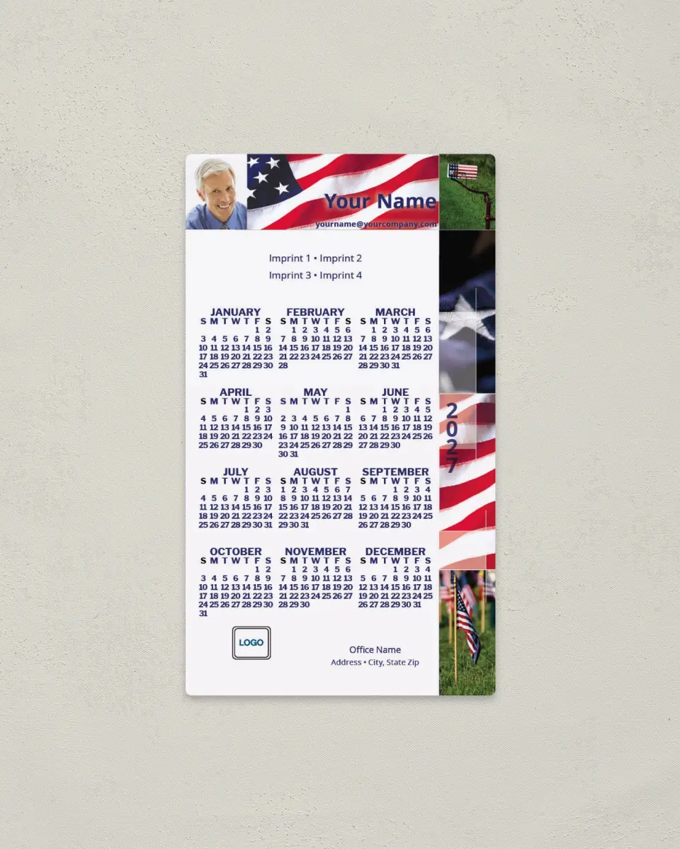 This is a 4" x 7" Full Magnet Calendar called Flag Mosaic printed in full color with a Standard Gloss finish