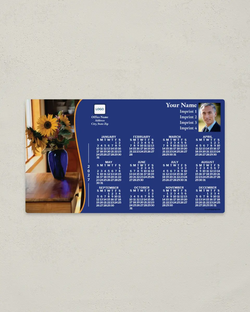This is a 4" x 7" Full Magnet Calendar called Vase of Sunflowers, Blue printed in full color with a Standard Gloss finish
