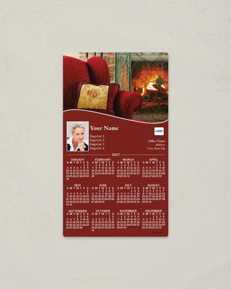 This is a 4" x 7" Full Magnet Calendar called Fireside Luxury printed in full color with a Standard Gloss finish