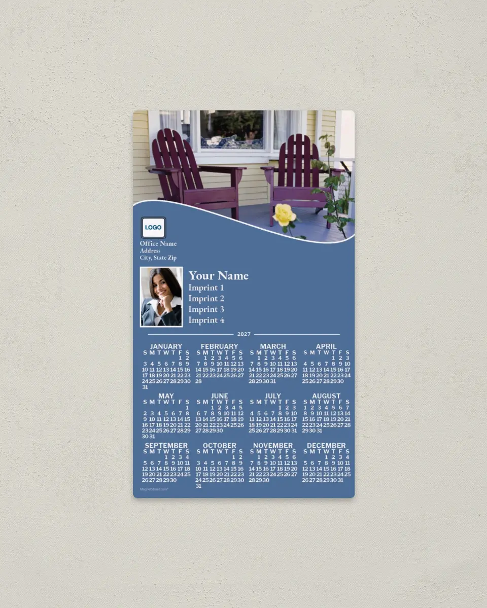 This is a 4" x 7" Full Magnet Calendar called Purple Chairs, Blue-Purple printed in full color with a Standard Gloss finish