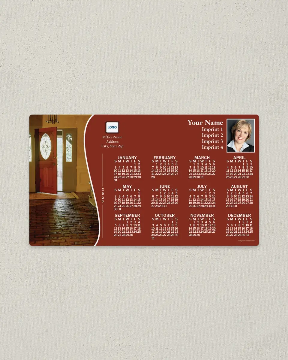 This is a 4" x 7" Full Magnet Calendar called Open Front Door, Brown printed in full color with a Standard Gloss finish