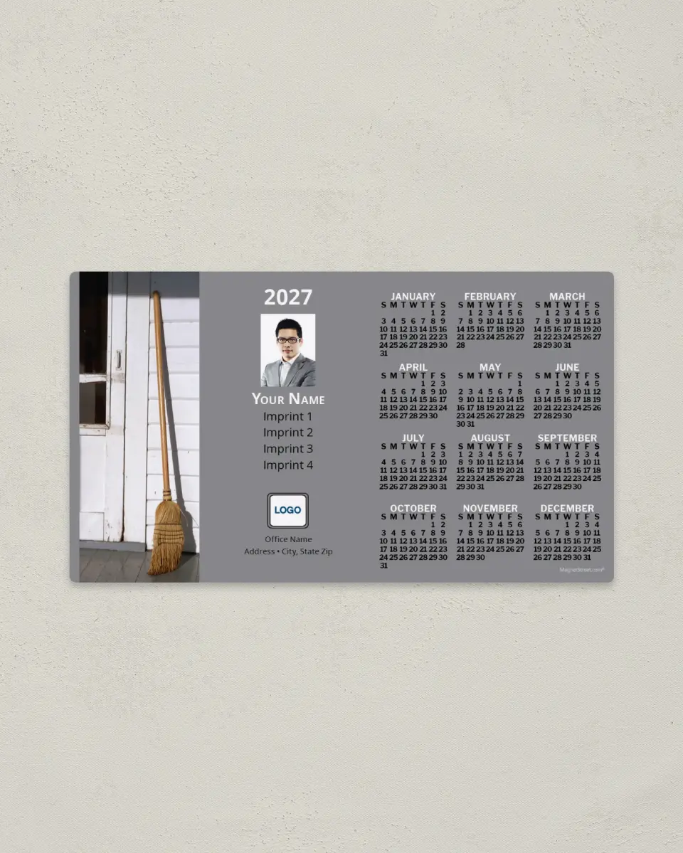 This is a 4" x 7" Full Magnet Calendar called Broom Outside Front Door, Gray-Brown printed in full color with a Standard Gloss finish
