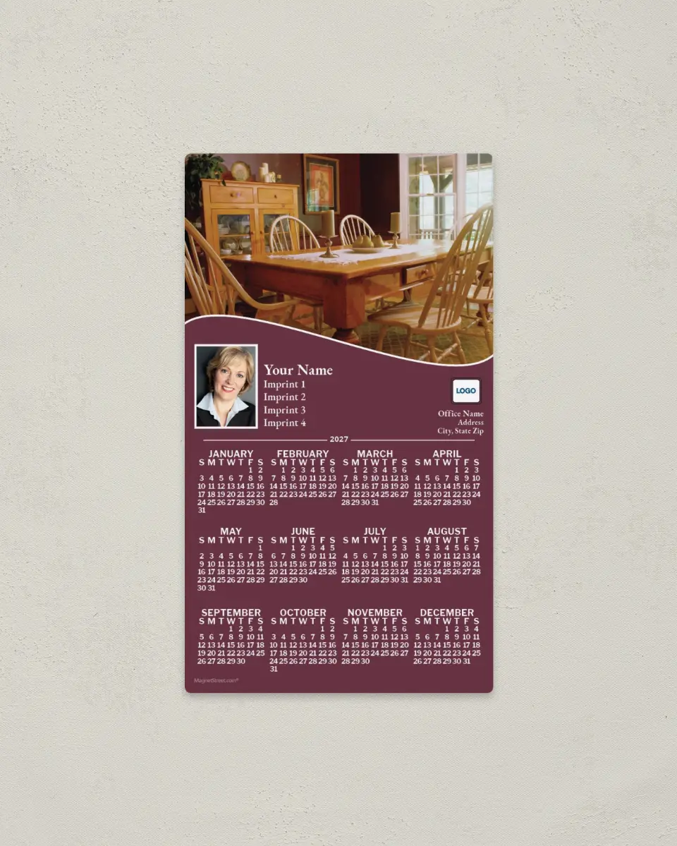 This is a 4" x 7" Full Magnet Calendar called Dining Room with Wood Table, Mulberry printed in full color with a Standard Gloss finish