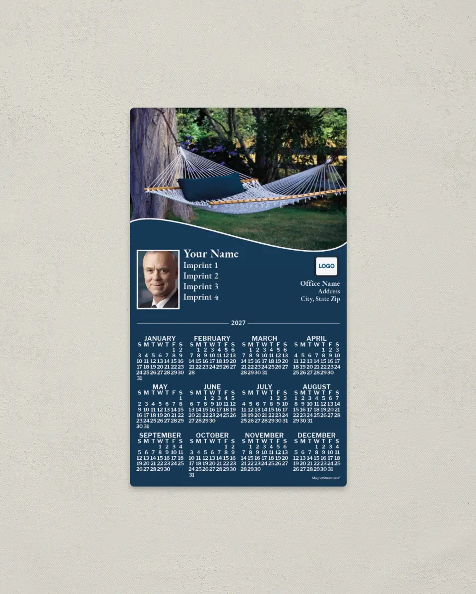 This is a 4" x 7" Full Magnet Calendar called Hammock, Dark Blue printed in full color with a Standard Gloss finish