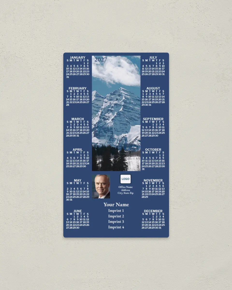 This is a 4" x 7" Full Magnet Calendar called Snowy Mountains, Blue printed in full color with a Standard Gloss finish