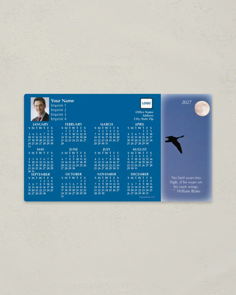 This is a 4" x 7" Full Magnet Calendar called Bird and Moon with Quotation, Blue printed in full color with a Standard Gloss finish