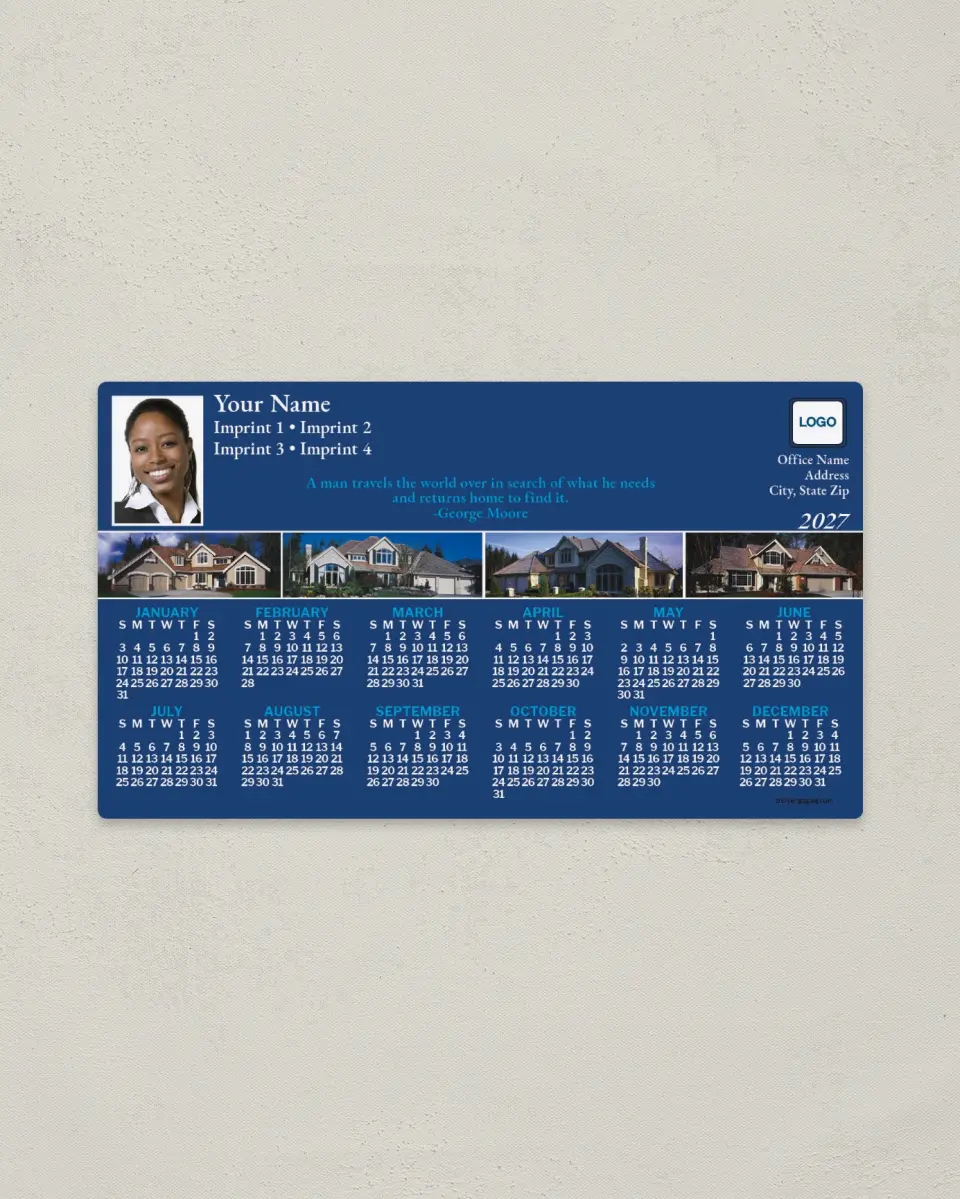 This is a 4" x 7" Full Magnet Calendar called Houses with Quotation, Blue printed in full color with a Standard Gloss finish