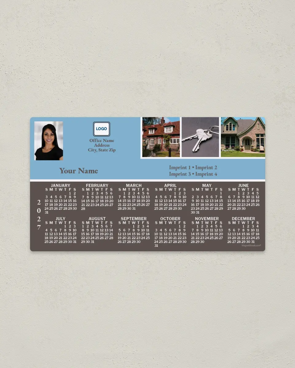 This is a 4" x 7" Full Magnet Calendar called Homes and Keys, Light Blue & Brown printed in full color with a Standard Gloss finish