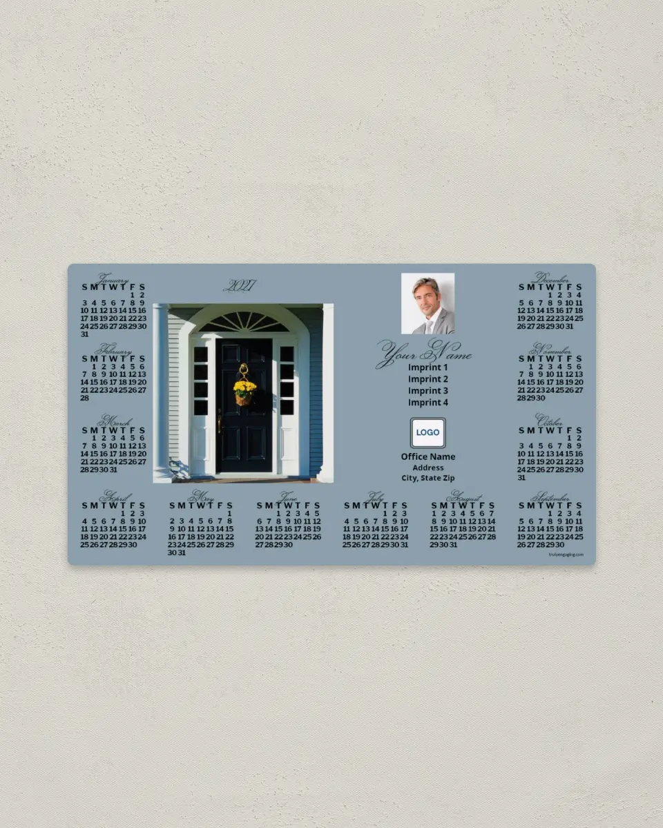 This is a 4" x 7" Full Magnet Calendar called Front Door with Flowers, Gray-Blue printed in full color with a Standard Gloss finish
