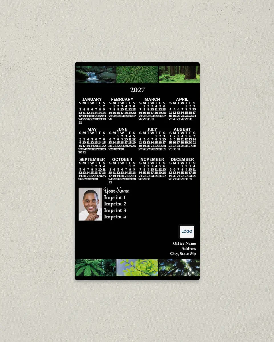 This is a 4" x 7" Full Magnet Calendar called Green Trees & Branches, Black printed in full color with a Standard Gloss finish