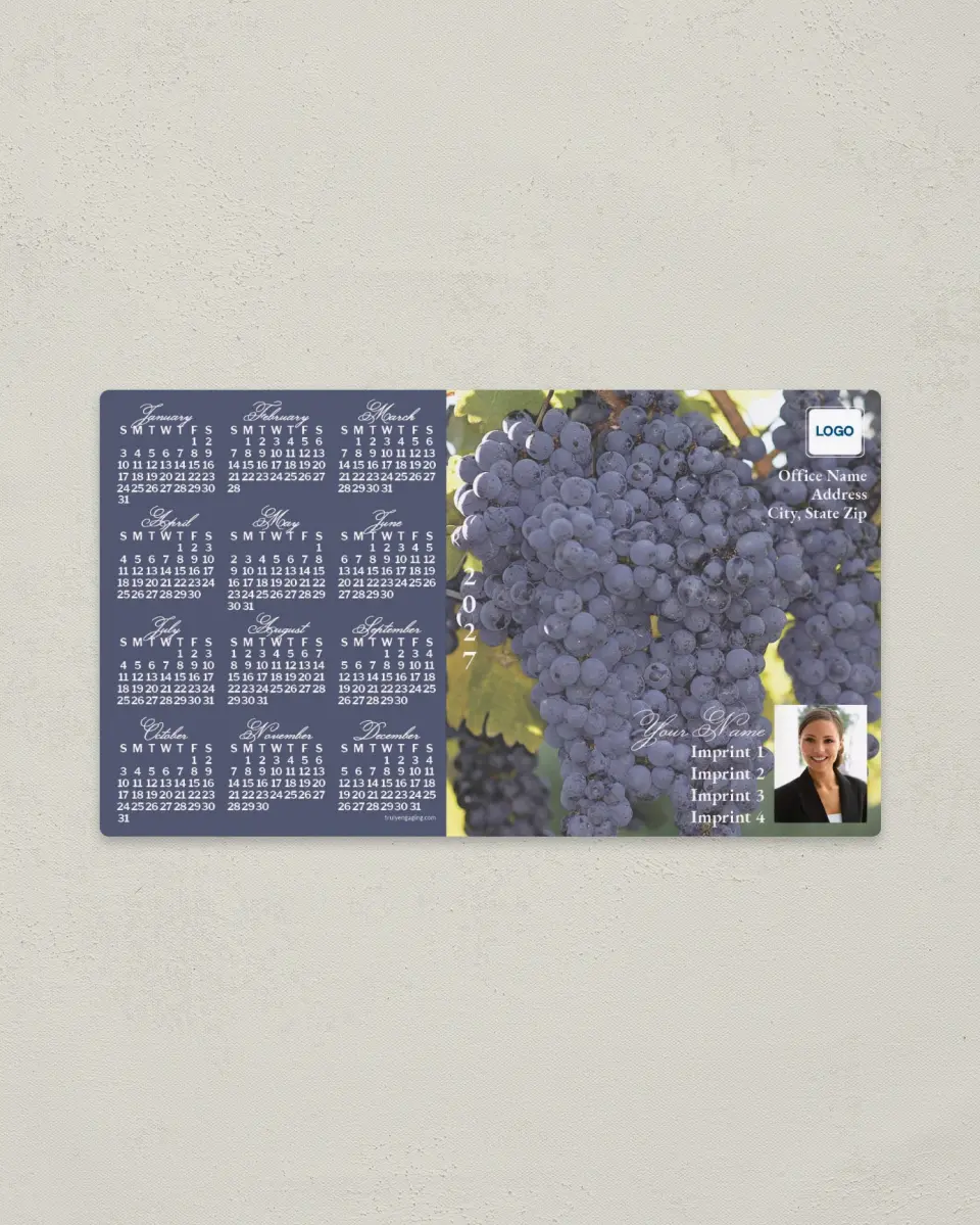 This is a 4" x 7" Full Magnet Calendar called Grapes on Vine, Muted Purple printed in full color with a Standard Gloss finish