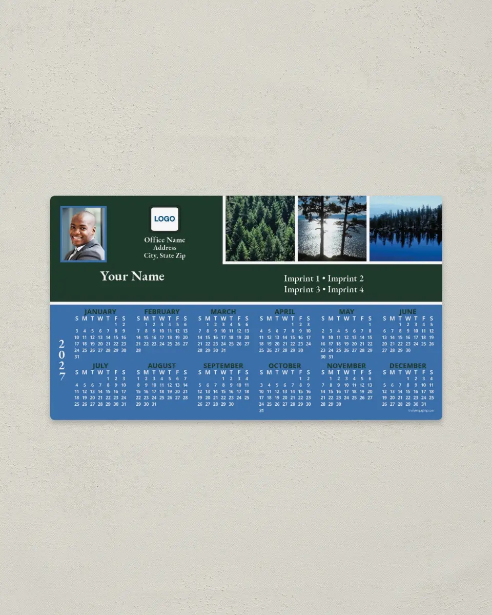 This is a 4" x 7" Full Magnet Calendar called Pine Trees & Water, Dark Green & Blue printed in full color with a Standard Gloss finish