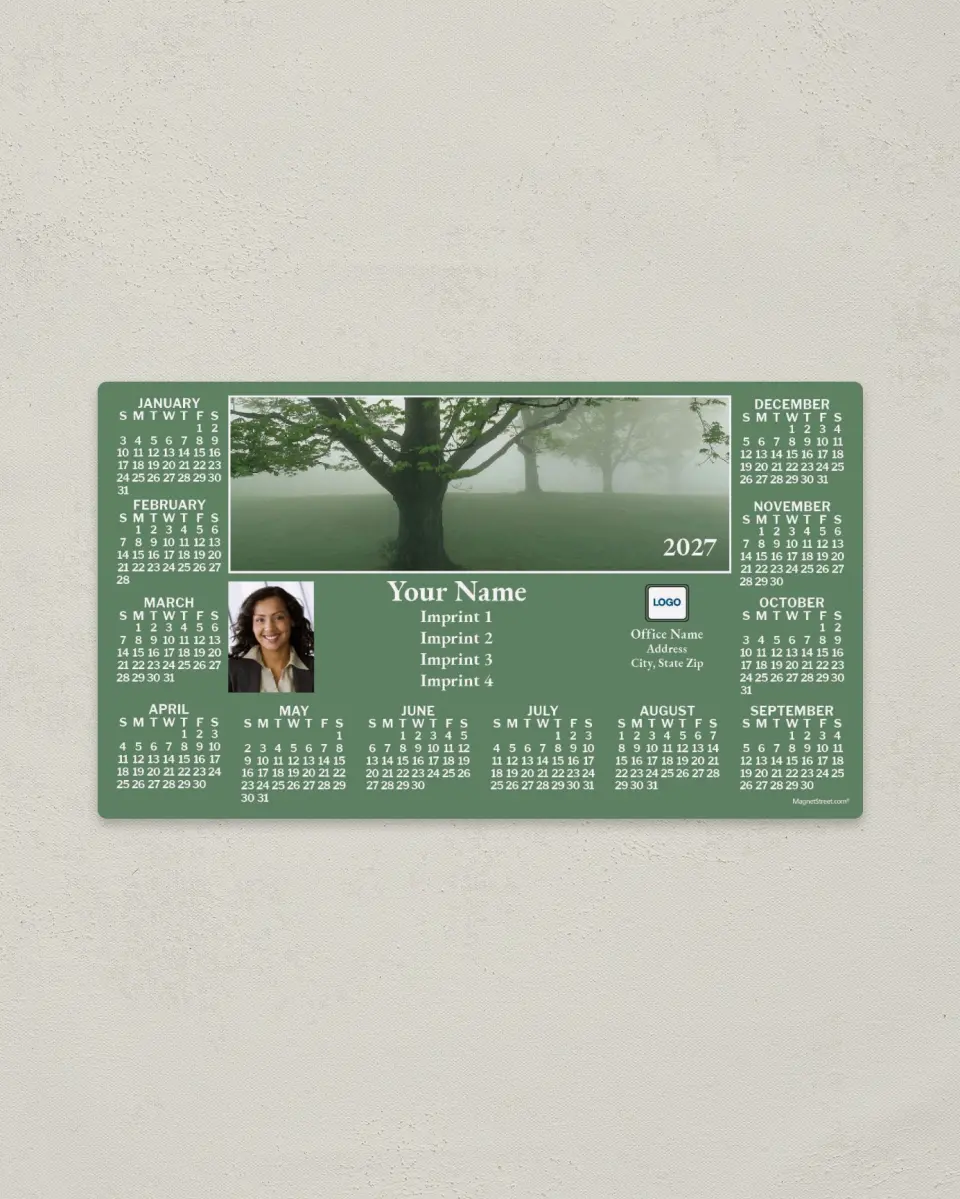 This is a 4" x 7" Full Magnet Calendar called Trees in Mist, Green printed in full color with a Standard Gloss finish