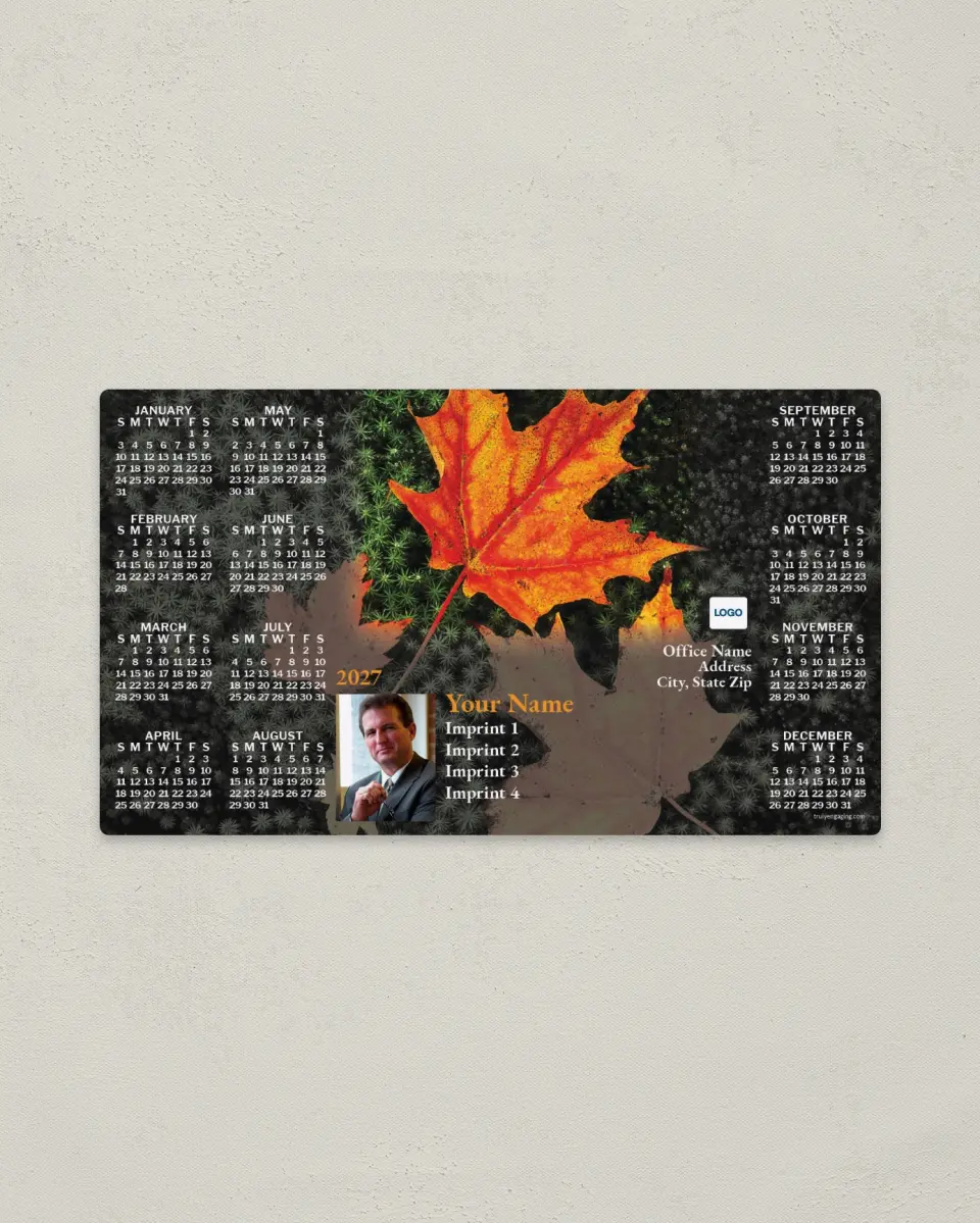 This is a 4" x 7" Full Magnet Calendar called Autumn Leaves, black and white with color in center printed in full color with a Standard Gloss finish