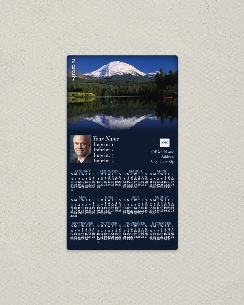 This is a 4" x 7" Full Magnet Calendar called Mountain Reflecting in Lake, Navy Blue printed in full color with a Standard Gloss finish