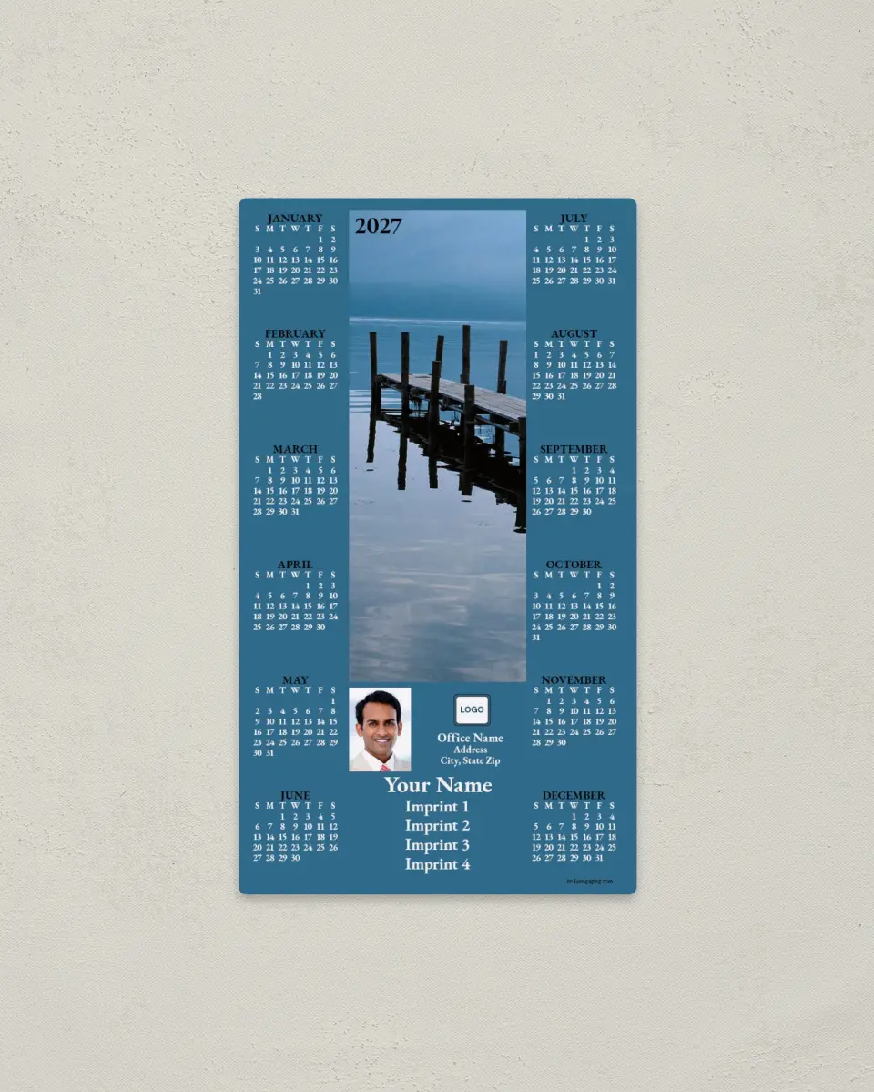 This is a 4" x 7" Full Magnet Calendar called Dock in Water, Blue printed in full color with a Standard Gloss finish