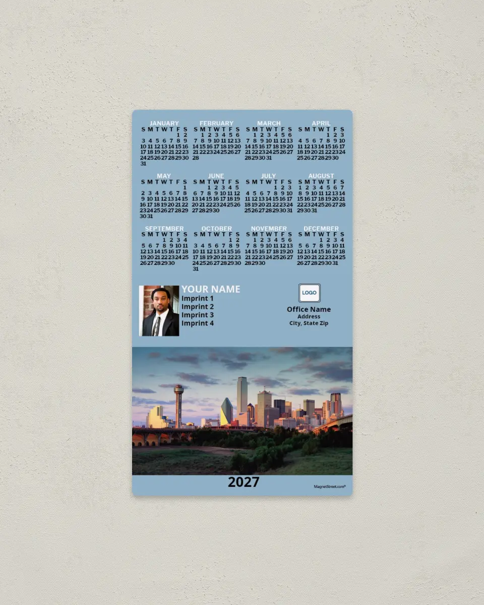 This is a 4" x 7" Full Magnet Calendar called Dallas, Light Blue printed in full color with a Standard Gloss finish