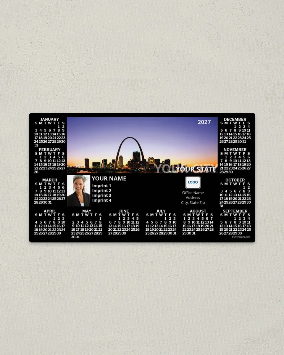 This is a 4" x 7" Full Magnet Calendar called Modern Skyline, Black with City Name printed in full color with a Standard Gloss finish