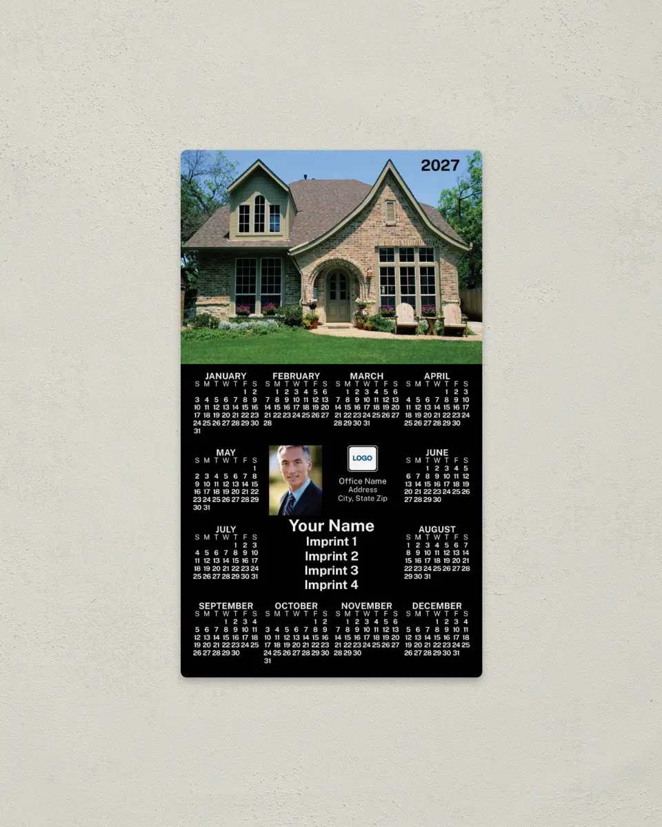 This is a 4" x 7" Full Magnet Calendar called House with Sloped Roof, Black printed in full color with a Standard Gloss finish