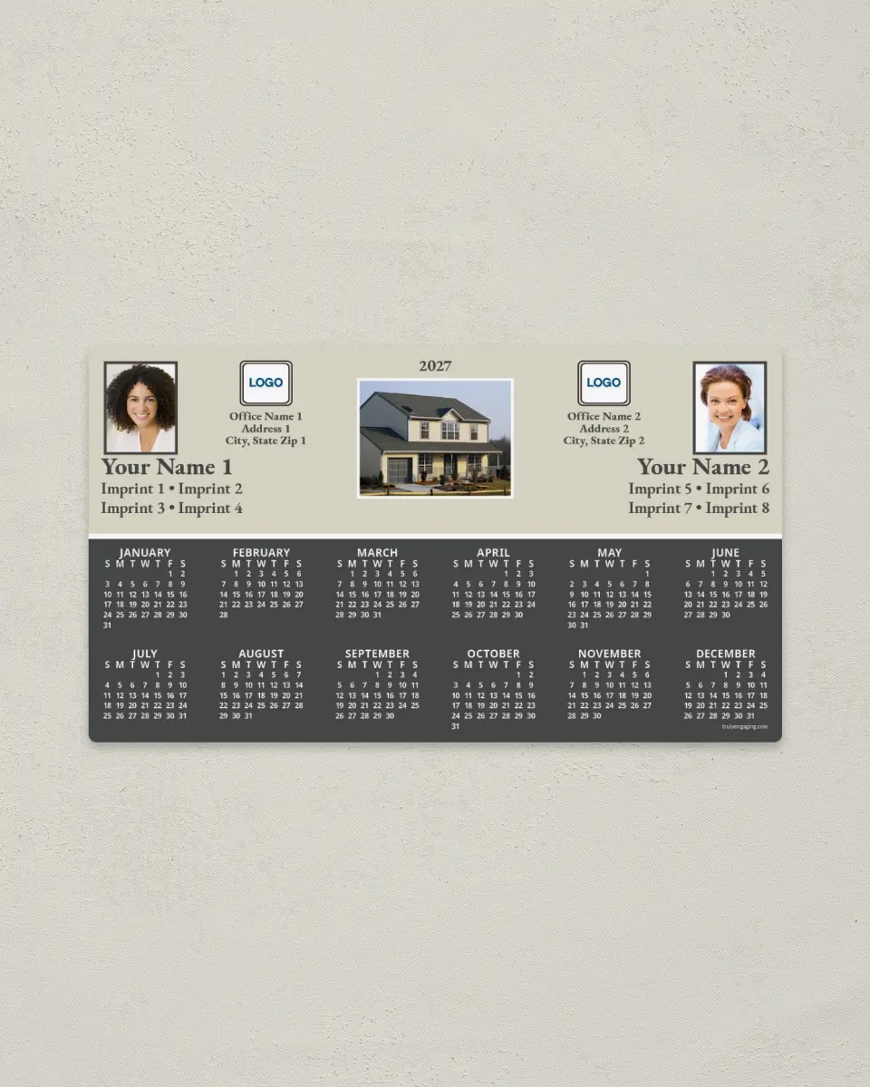 This is a 4" x 7" Full Magnet Calendar called House, Cream & Gray, 2-Person printed in full color with a Standard Gloss finish