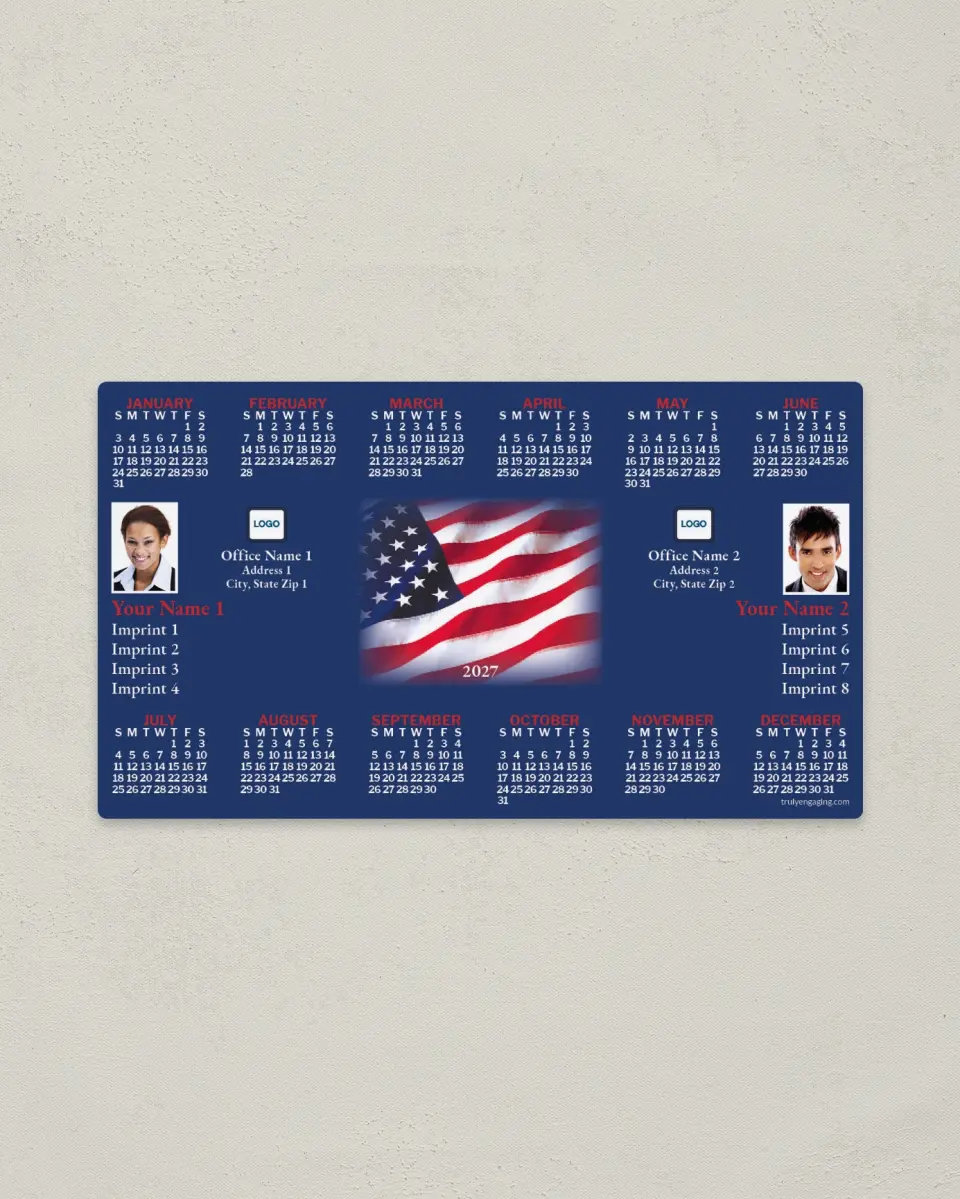This is a 4" x 7" Full Magnet Calendar called Flag, Blue, 2-Person printed in full color with a Standard Gloss finish