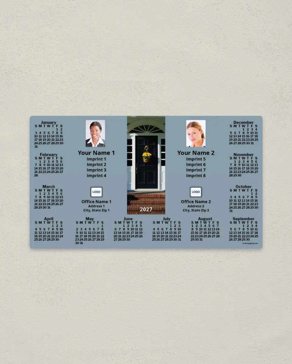 This is a 4" x 7" Full Magnet Calendar called Front Door, Gray-Blue, 2-Person printed in full color with a Standard Gloss finish