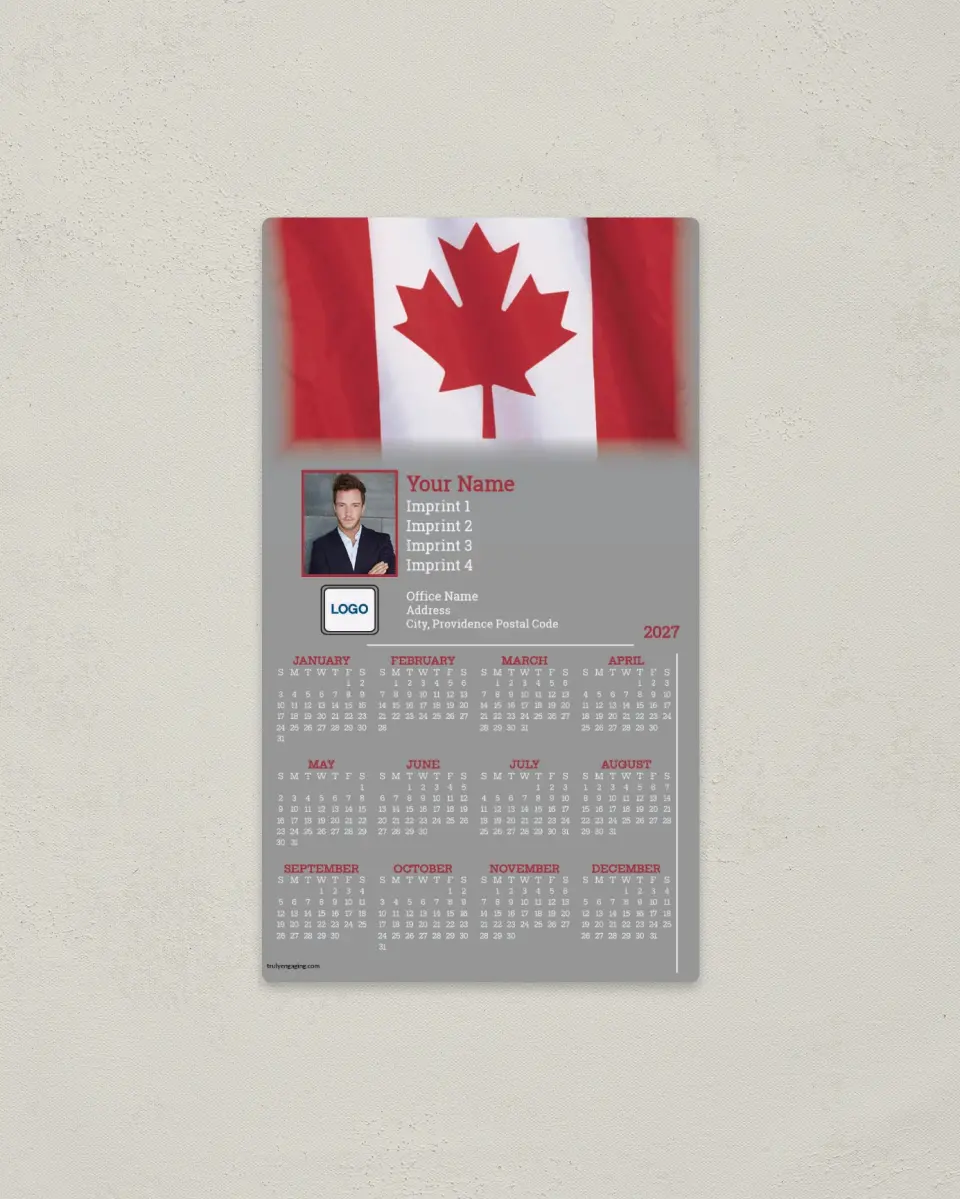This is a 4" x 7" Full Magnet Calendar called Canadian Flag Fading to Gray printed in full color with a Standard Gloss finish