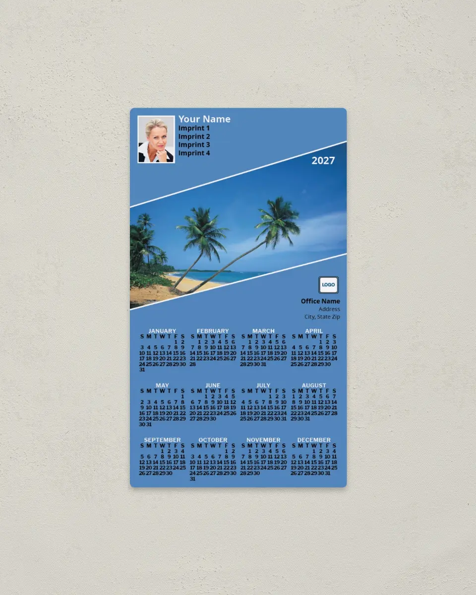 This is a 4" x 7" Full Magnet Calendar called Beach on Diagonal, Aqua Blue printed in full color with a Standard Gloss finish