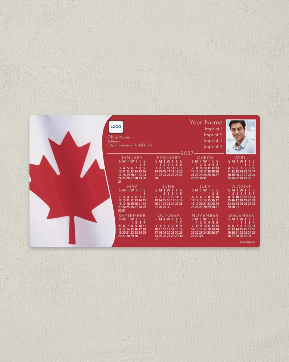 This is a 4" x 7" Full Magnet Calendar called Canadian Flag, Red printed in full color with a Standard Gloss finish