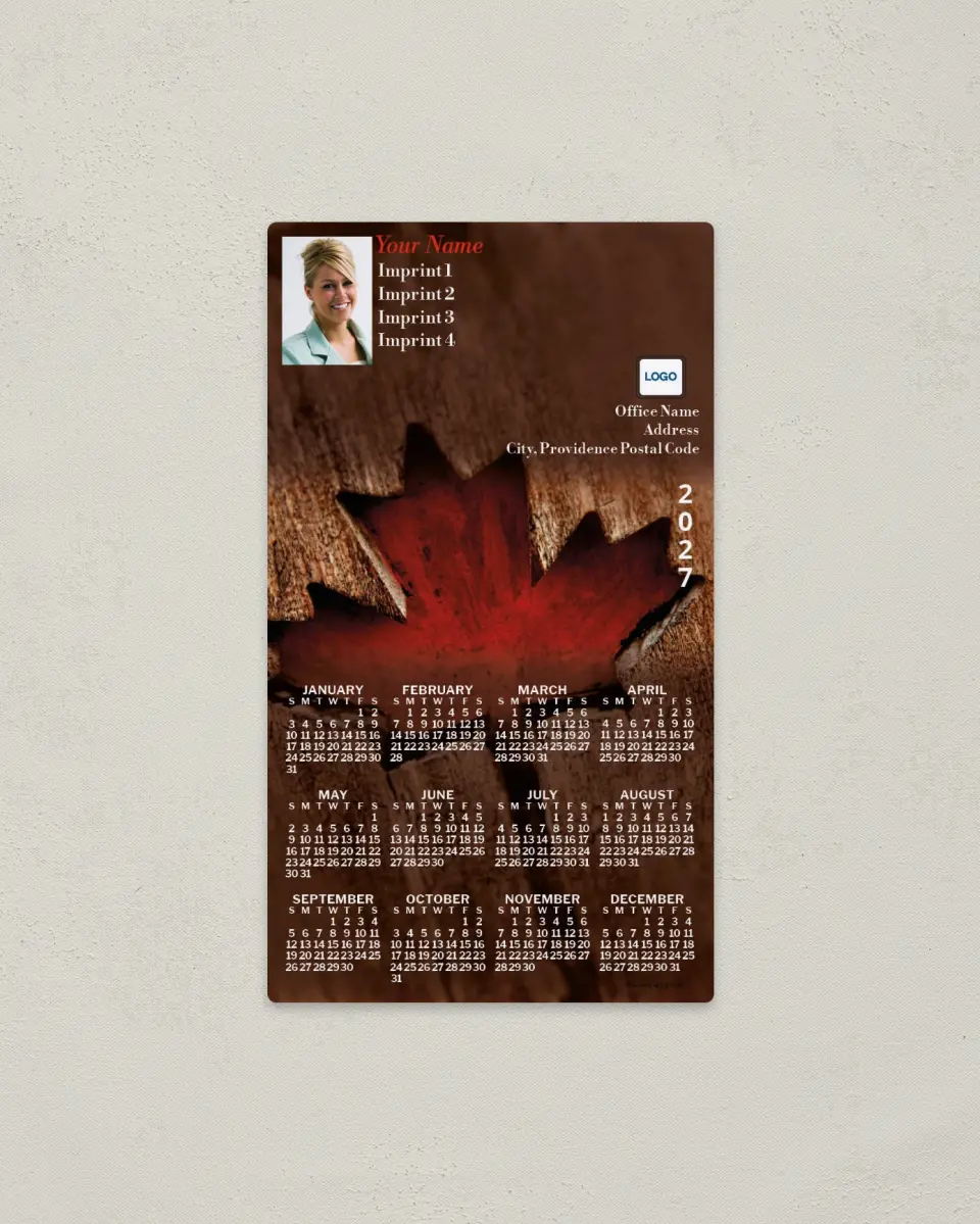 This is a 4" x 7" Full Magnet Calendar called Maple Leaf printed in full color with a Standard Gloss finish